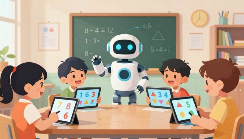 Anak-anak sekolah dasar belajar matematika dengan bantuan AI tablet, visualisasi angka dan bentuk geometri warna-warni, suasana ceria edukatif