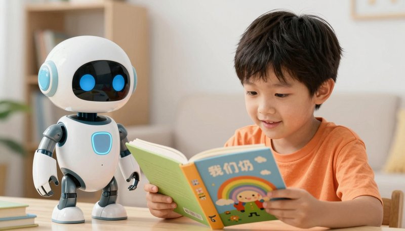 Anak kecil membaca buku dengan robot AI ramah di latar belakang warna-warni