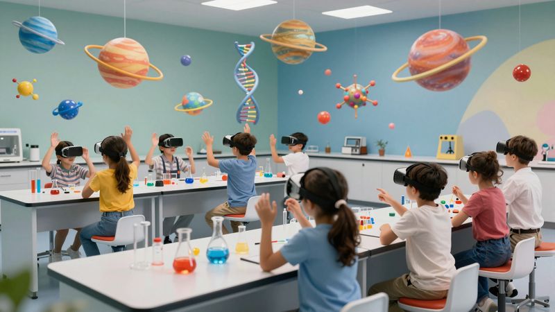 Anak-anak beragam menggunakan headset VR untuk mengeksplorasi laboratorium sains virtual dengan molekul, DNA, dan planet berputar di ruang 3D colorfull