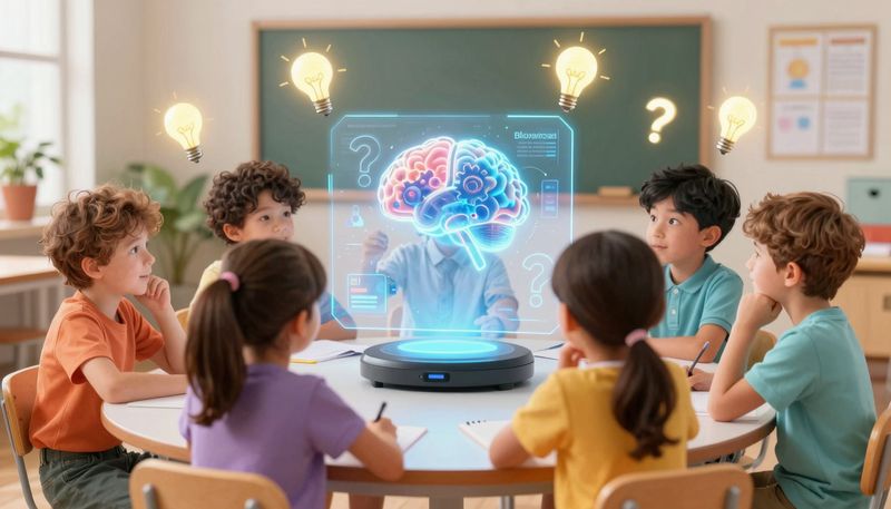 Anak-anak beragam usia 8-12 tahun berpikir kritis dengan asisten AI hologram, gear otak menyala, tanda tanya dan bohlam terapung, suasana kelas modern cerah
