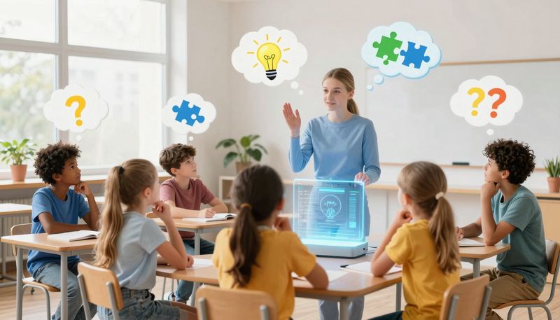 Anak-anak beragam berdiskusi berpikir kritis dibimbing hologram AI ramah di kelas cerah