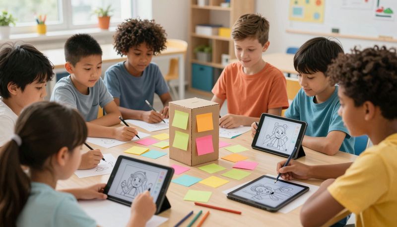 Anak-anak berkelompok di kelas dengan sticky notes warna-warni, prototipe kardus, dan tablet menampilkan sketsa AI, suasana kreatif cerah