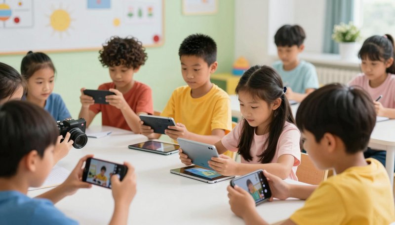Anak-anak belajar fotografi dan videografi dengan AI menggunakan smartphone dan tablet di lingkungan edukatif cerah