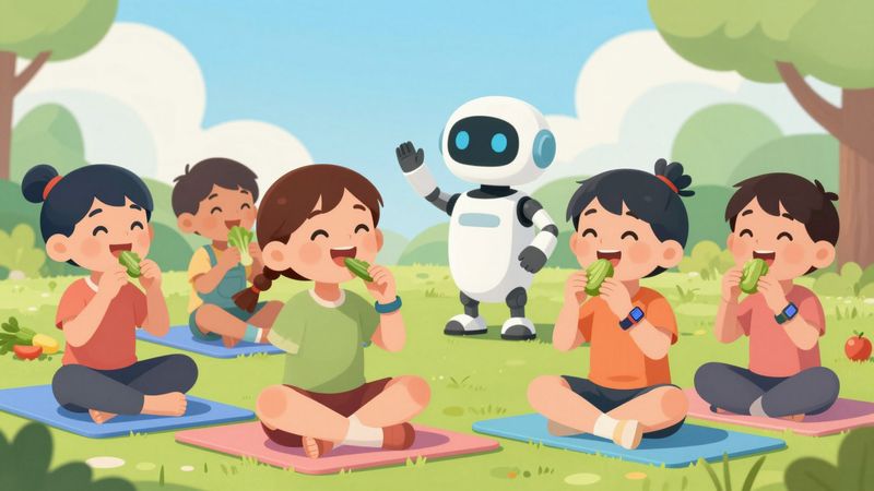 Anak-anak beragam melakukan yoga dan makan sayur dengan pendamping robot AI ramah, latar belakang cerah bergaya edukasi kesehatan