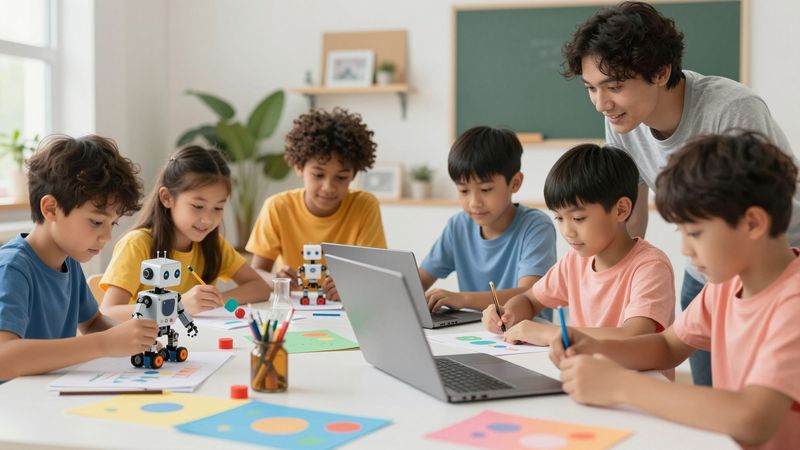 Anak-anak berkolaborasi pada proyek kreatif dengan bantuan AI: robotika, coding, video, eksperimen sains di ruangan belajar cerah modern