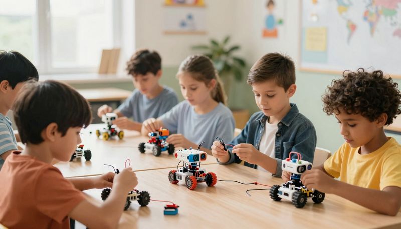 Anak-anak beragam bangun dan memprogram robot kecil dengan AI di bengkel robotika warna-warni