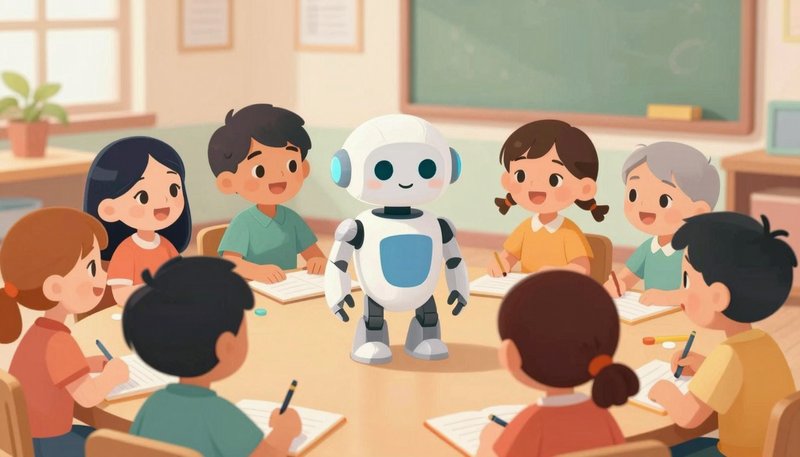 Anak-anak beragam belajar keterampilan sosial-emosional dengan pendamping AI robot ramah di ruang kelas hangat