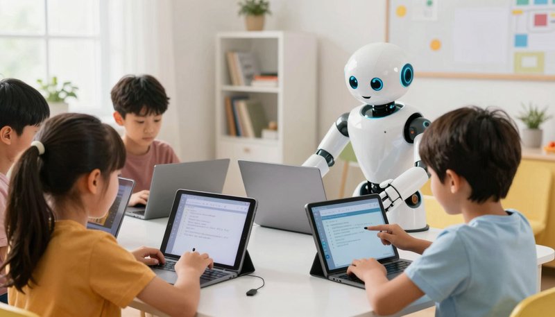 Anak-anak belajar coding dengan bantuan AI di tablet dan laptop, robot ramah membantu, suasana belajar yang menyenangkan dan aman