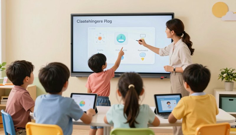Anak prasekolah dan guru mengeksplorasi tools edtech AI di kelas dengan interactive whiteboard dan tablet