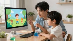 Orang tua dan anak melakukan eksperimen sains virtual berbasis AI di rumah