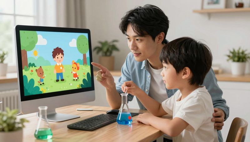 Orang tua dan anak melakukan eksperimen sains virtual berbasis AI di rumah