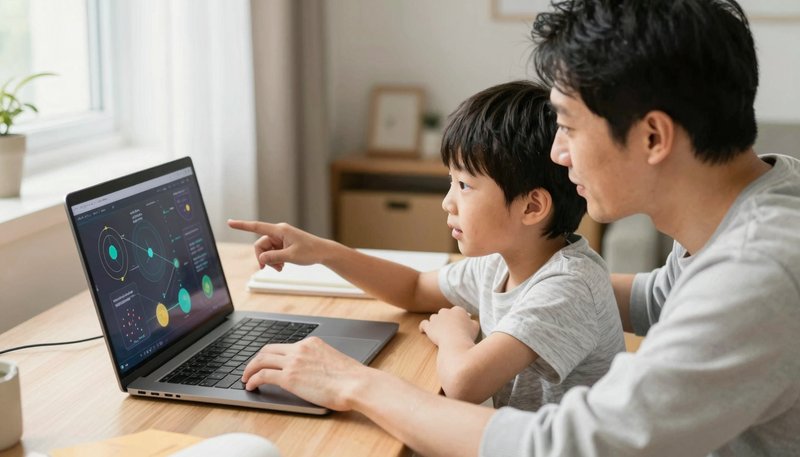 Orang tua duduk di samping anak di meja belajar, keduanya melihat layar laptop menampilkan simulasi sains, orang tua menunjuk dan bertanya, anak terlihat antusias dan penasaran, momen belajar hangat dan suportif, pencahayaan alami, suasana belajar di rumah nyaman