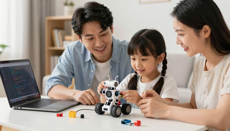 Orang tua mendampingi anak belajar robotika AI di rumah, hangat, suportif, laptop terbuka kode, robot di meja