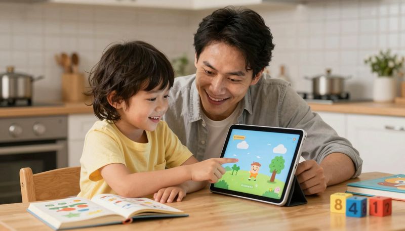 Orang tua dan anak prasekolah duduk bersama di meja makan, co-viewing tablet edukatif, orang tua menunjuk layar dan bertanya, anak tersenyum engaged