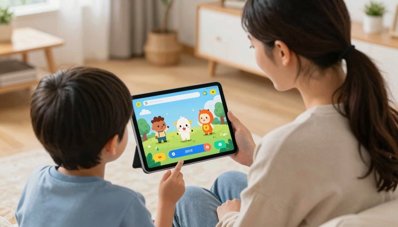 Orang tua mendampingi anak belajar membaca dengan bantuan aplikasi AI di rumah