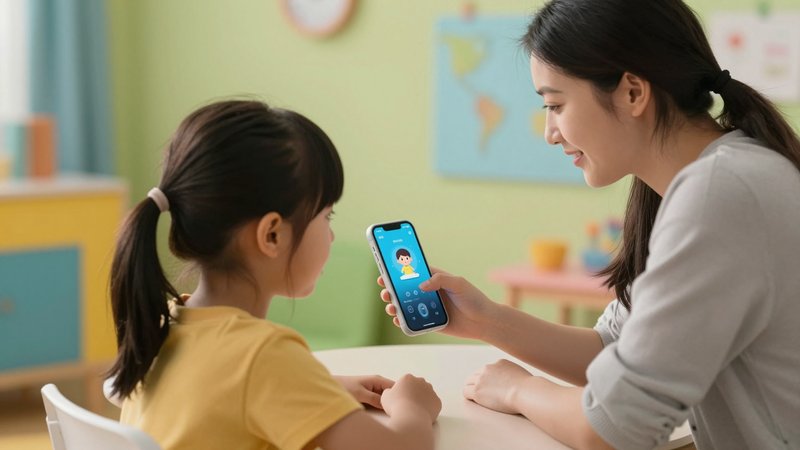 Orang tua mengawasi anak saat menggunakan AI asisten virtual di rumah